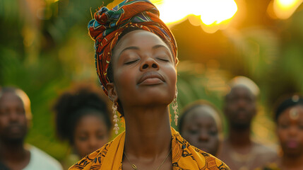 A woman in a vibrant yellow top stands out amidst a diverse group of people, each engaged in animated conversation and laughter, Juneteenth Independence Day.