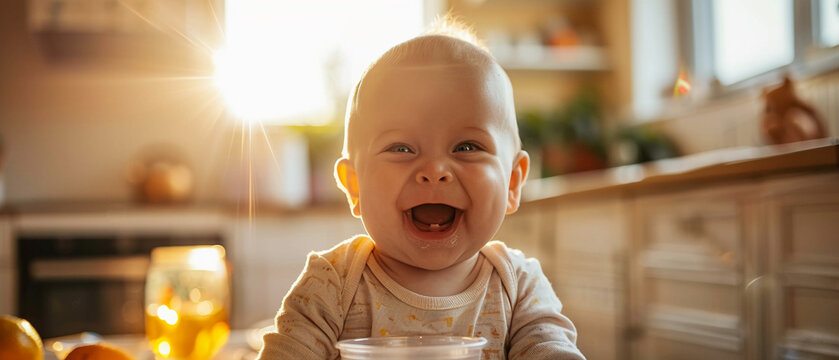 Chubby fat baby laughing with a sippy cup bright kitchen