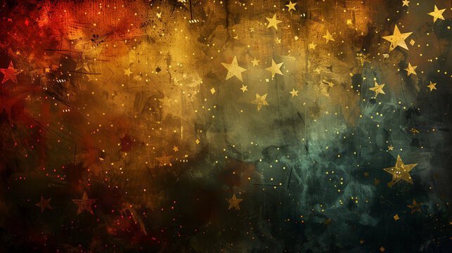 A vibrant and colorful background adorned with shimmering gold stars, like a dazzling celestial symphony unfolding before our eyes, Juneteenth Independence Day.