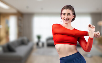 Fototapeta na wymiar Athletic and sporty woman doing warmup and stretching before home body workout exercise session for fit physique and healthy sport lifestyle at home. Gaiety home exercise workout training concept.