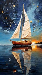 Illustration of sailboat on the sea at night.