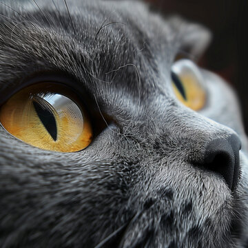 A close-up portrait of a cat's face with bright eyes and soft fur
