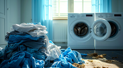 free space on the left corner for title banner realistic photo: image of dirty laundry piled up next to a washing machine, symbolizing the concept of laundry and cleanlines