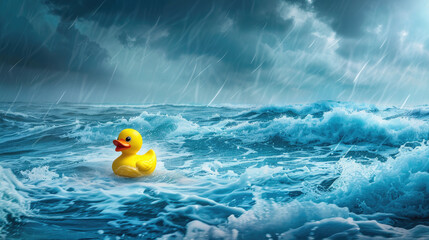 a rubber duck on the high seas high waves storm and thunderstorm background