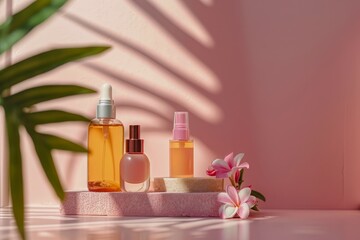 Elegant Natural Skincare Products on Pink Background with Flowing Light and Shadow, Concept of Organic Beauty and Self-Care Routine