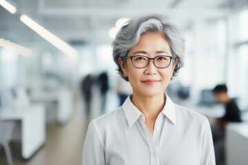 Fototapeta premium portrait of Asian businesswoman wear glasses looking at camera in the bright office