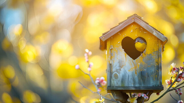 Yellow bird house with the heart shapped entrance on blurred spring outdoor background. generative ai 