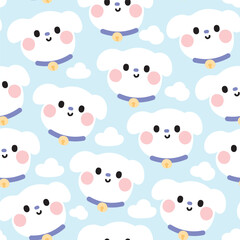 Seamless pattern of cute smile dog face head with cloud on pastel background.Pet animal character cartoon design.Puppy hand drawn.Clothing print screen.Kawaii.Vector.Illustration.