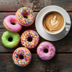 Morning breakfast with colorful Donuts and expresso coffee on a rustic wooden background - obrazy, fototapety, plakaty