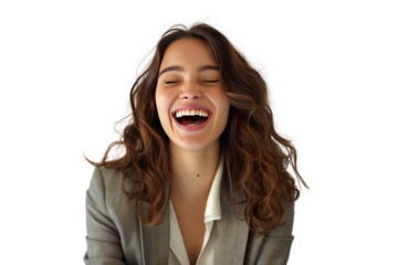 Business woman isolated on white background laughing.First person view in realistic daytime