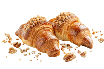 Breakfast croissants with crumbs on white background freshly baked with butter and nuts Realistic daytime first person perspective