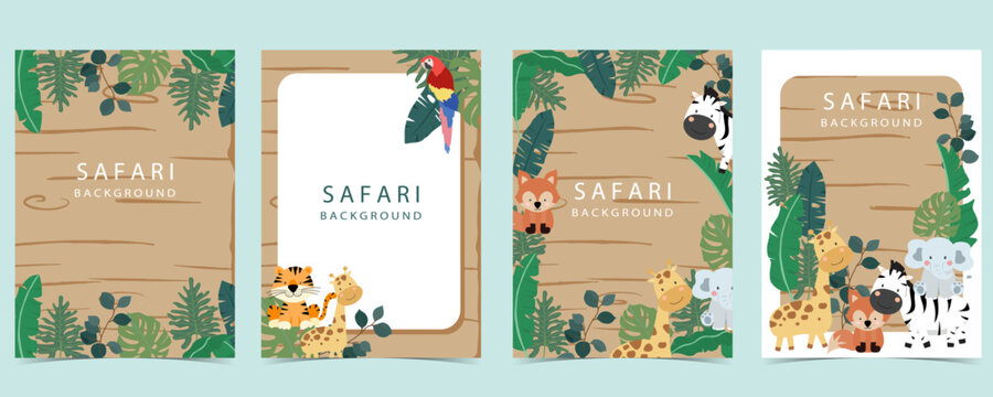safari banner with giraffe,elephant,zebra,fox and leaf frame.vector illustration for a4 design