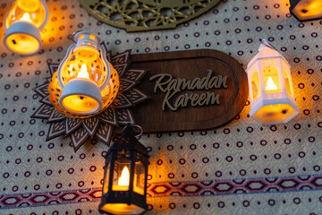 Colorful Ramadan Lanterns on the Prayer Mat and Quran in the Rahla , Ramadan Month Background Concept Photo, Camlica Mosque Uskudar, Istanbul Turkiye (Turkey)