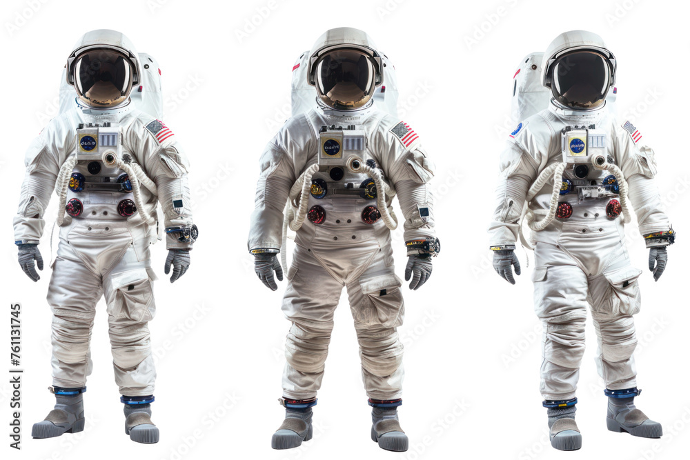 Fototapete astronauts in spacesuits set in different poses isolated on transparent and white background real da