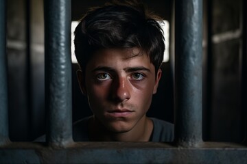 Fototapeta na wymiar Portrait of a teenage prisoner staring intently into the camera behind the bars of a prison cell.