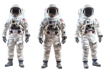 
Astronauts in spacesuits set in different poses isolated on transparent and white background Real daytime first person perspective