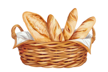 
basket of French baguette illustration PNG element cut out transparent isolated on white background realistic daytime first person view