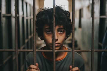 Portrait of a teenage prisoner staring intently into the camera behind the bars of a prison cell. - obrazy, fototapety, plakaty