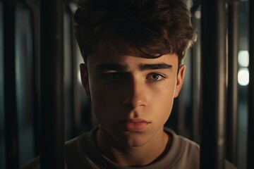 Portrait of a teenage prisoner staring intently into the camera behind the bars of a prison cell. - obrazy, fototapety, plakaty