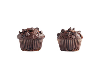 
An irresistible and delicious double chocolate chip muffin cake on left of frame isolated against white background first person view realistic daylight