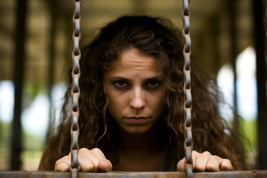 Portrait of a female prisoner staring intently into a cell behind the bars of a prison cell. Women's colony