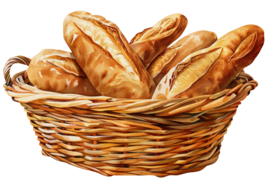 
basket of French baguette illustration PNG element cut out transparent isolated on white background realistic daytime first person view