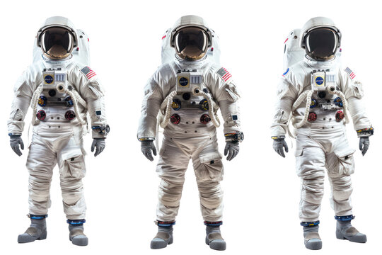 
Astronauts in spacesuits set in different poses isolated on transparent and white background Real daytime first person perspective