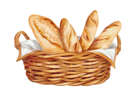 
basket of French baguette illustration PNG element cut out transparent isolated on white background realistic daytime first person view
