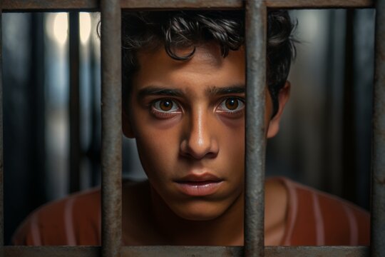 Portrait of a teenage prisoner staring intently into the camera behind the bars of a prison cell.