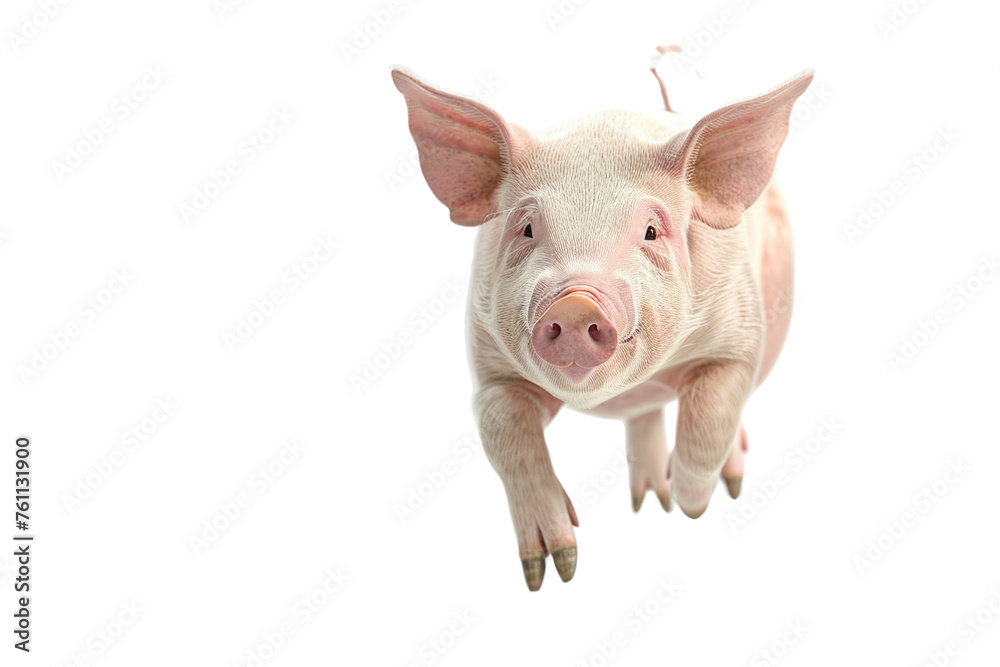 Wall mural 
A white background showcasing a 3 dimensional depiction of a pig in motion Realistic daytime first person perspective