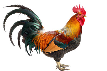 
a rooster standing on a white background Real daytime first person perspective - obrazy, fototapety, plakaty