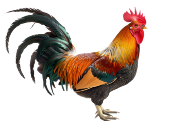 
a rooster standing on a white background Real daytime first person perspective