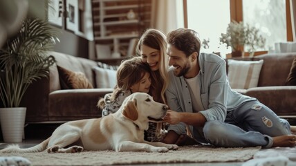 Naklejka na ściany i meble happy people at home with favorite pet , love and friendship of human and animal pragma