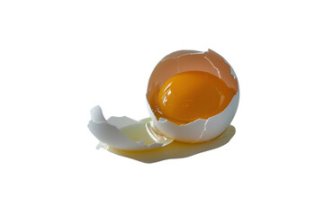 
a broken egg in a white background Real daytime first person perspective