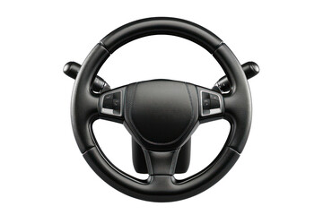 
a car steering wheel with black leather isolated on white background first person view realistic daylight