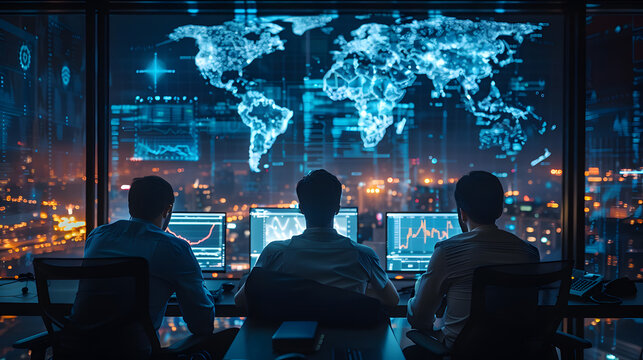 Visualize a dedicated cyber security team monitoring data screens in a high-tech command center.