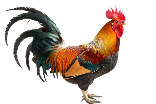 
a rooster standing on a white background Real daytime first person perspective