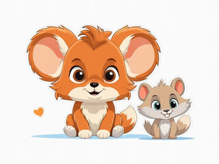 Cute cartoon fox and mouse on white background. Vector illustration.