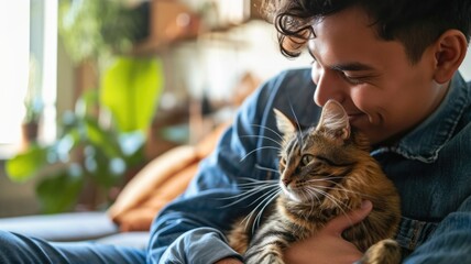 happy people at home with favorite pet , love and friendship of human and animal pragma