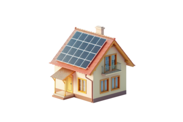 
isometric view small house model with solar panels isolated on white background Real daytime first person perspective