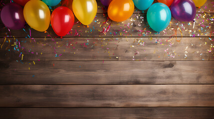 Happy Birthday Party with Colorful Carnival Background Confetti and Festive Wooden
 - obrazy, fototapety, plakaty