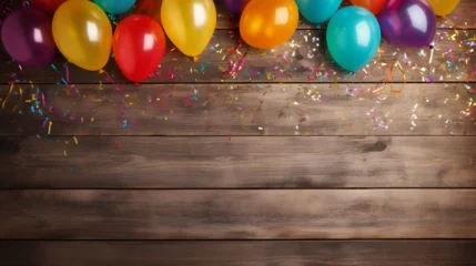 Foto op Canvas Happy Birthday Party with Colorful Carnival Background Confetti and Festive Wooden  © Alesha