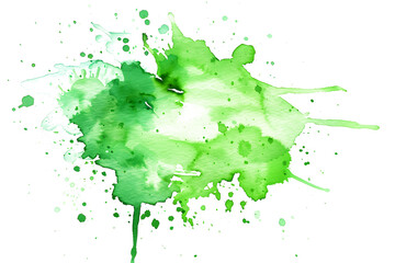 Green watercolor splatter and droplets on white background.