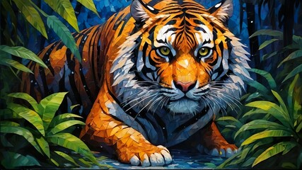 Oil painting of a tiger in the jungle.