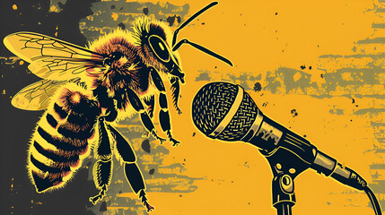 vector illustration of a bee singing in Mike, generative Ai - obrazy, fototapety, plakaty