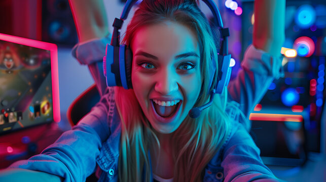 Image of excited girl taking selfie photo while playing music with headphones, generative Ai