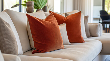 Close up of beige fabric sofa with terra cotta pillow. Generative AI