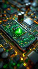 Obraz premium Smartphone on a circuit board displaying a green checkmark, representing a successful system update or secure digital verification process