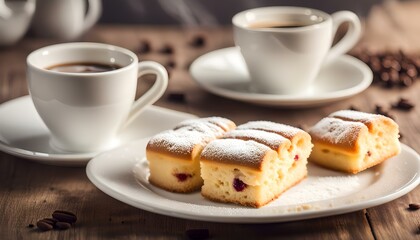 Lady finger biscuits, Italian dessert and sponge cookie on white plate and coffee cup
 - obrazy, fototapety, plakaty