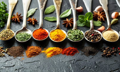 Assorted spices and herbs on vintage spoons over dark background, showcasing culinary diversity and flavor ingredients in gastronomy